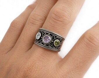 Pranda Sterling Silver Statement Ring: Aquamarine, Amethyst, Peridot Filigree Band