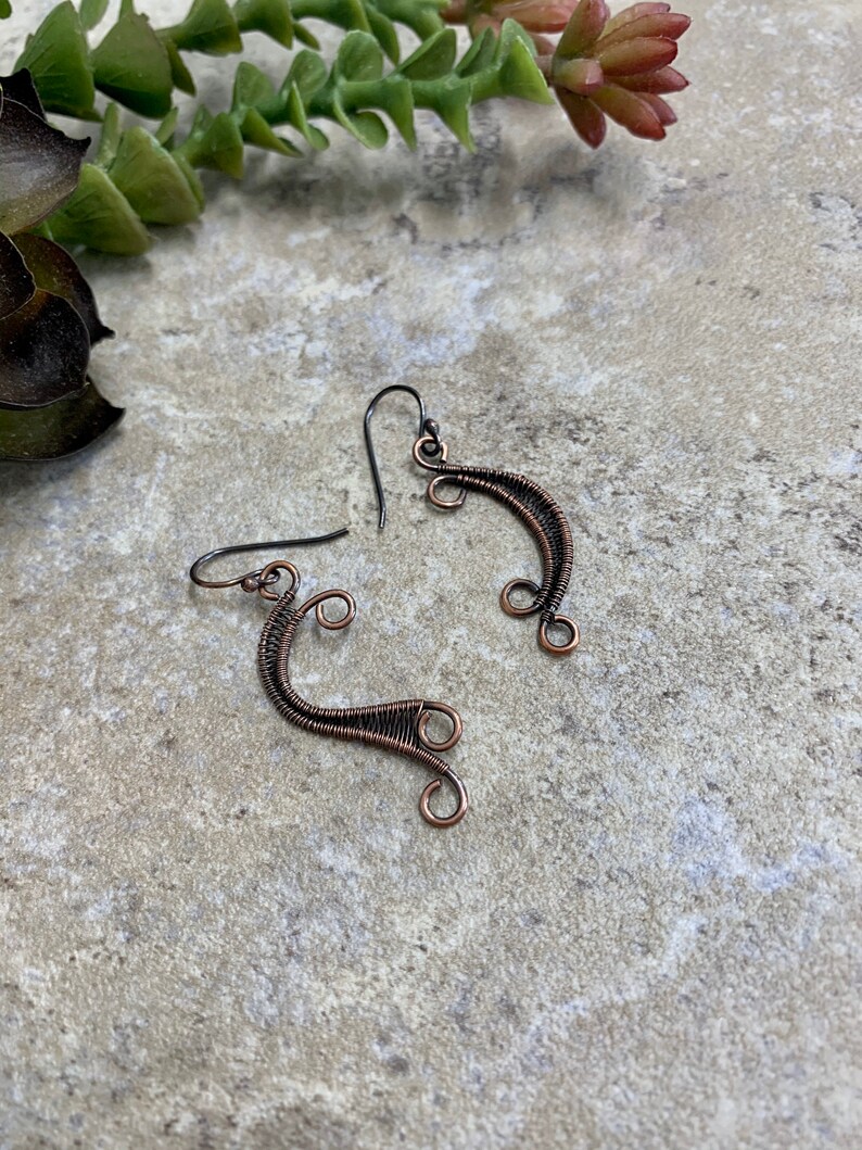 Copper Mismatched Earrings, Asymmetrical Earrings, Copper Wire Weave Earrings image 3