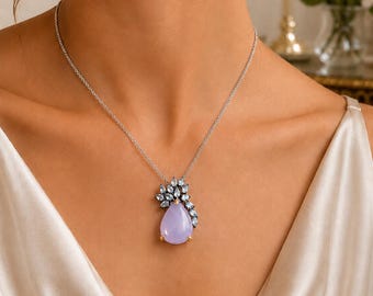 Lavender Chalcedony Sterling Silver Necklace, Pear Floral Pendant, Light Blue Gemstones
