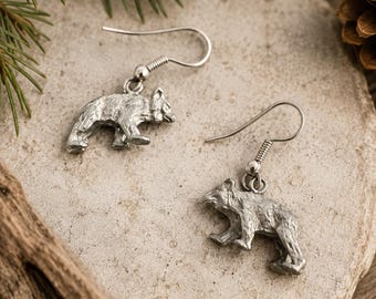 Vintage Pewter Walking Bear Dangle Earrings – Rustic Wildlife Woodland Jewelry
