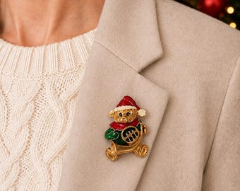 Vintage Teddy Bear French Horn Brooch: Gold Tone, Enamel Santa Hat Holiday Pin