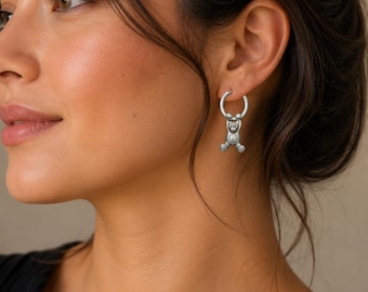 Vintage JJ Teddy Bear Hoop Earrings, Matte Silver Tone Jonette Jewelry Dangles
