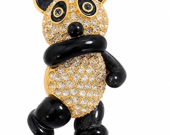 Signed Joan Rivers Articulated Panda Brooch: Rhinestone Enamel Animal Jewelry