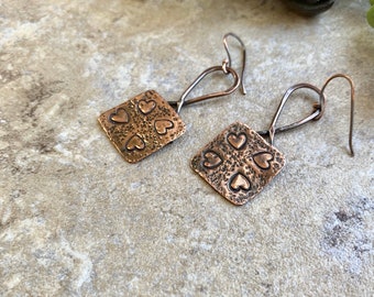 Stamped Heart Rustic Dangle Earrings Hammered Copper