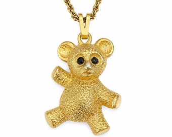 Vintage Monet Textured Teddy Bear Pendant Necklace, Gold Tone, 18 Inch Chain