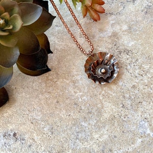 Folded Copper Flower Pendant Necklace, Rustic Jewelry image 2