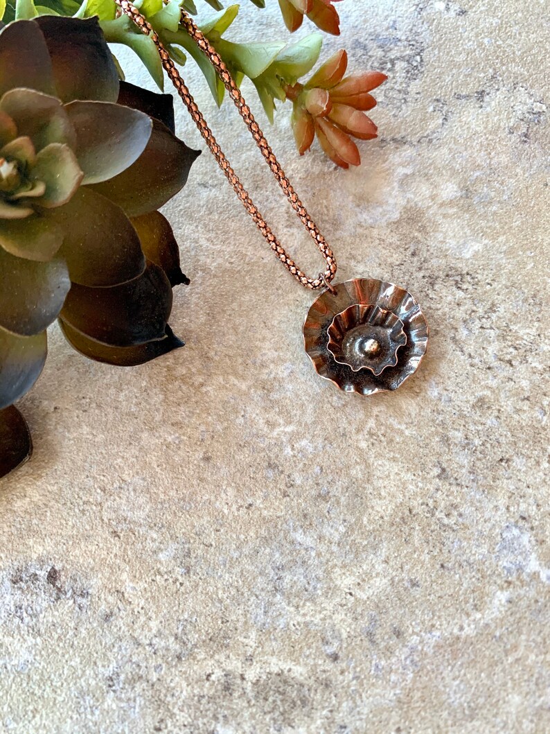 Folded Copper Flower Pendant Necklace, Rustic Jewelry image 2