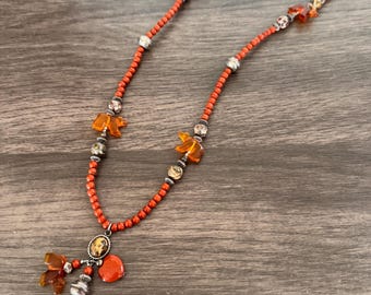 Southwestern Bear Necklace Amber Carved Bears Jasper Beads Rustic Boho Western Jewelry