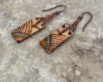 Small Wood Burned Rectangle Dangle Earrings
