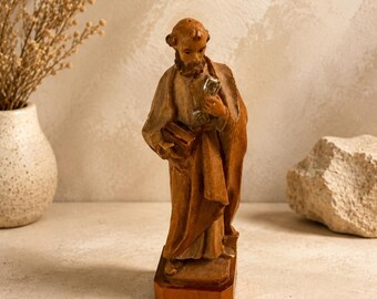 Goldscheider St Peter Figurine, Hand Carved Wood Italy, Mid Century Religious Icon 3.25” Vintage
