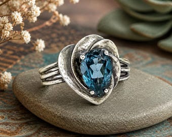 Sterling Silver Pear Blue Topaz Ring, Modernist Artisan Statement Jewelry, Size 9.5