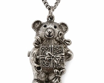 Vintage Teddy Bear Pendant Watch Necklace, Hidden Quartz Watch, Silver Tone Gift Box Chain