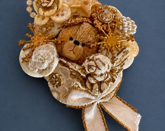 1998 Handmade Teddy Bear Assemblage Brooch: Angel, Roses, Pearls, Gold Accents