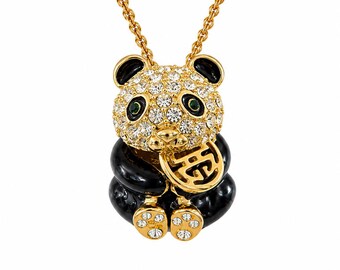 Vintage Panda Rhinestone Pendant Necklace: Gold Tone, Black Enamel, Hidden Lucky Coin (34 Inch)