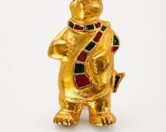Vintage Gold Tone Polar Bear Brooch, Red Green Enamel Scarf, Holiday Animal Jewelry
