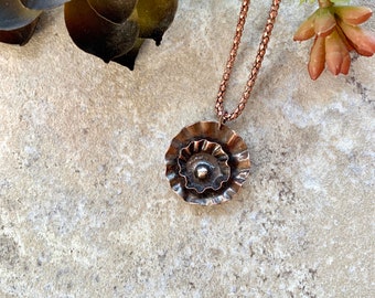 Folded Copper Flower Pendant Necklace, Rustic Jewelry