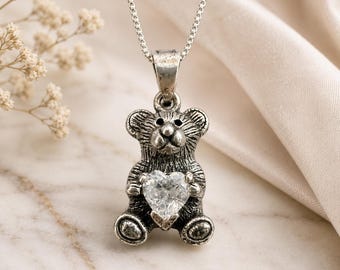 Mark Wasserman Samara Sterling Silver Teddy Bear Pendant Necklace, Heart CZ, 18 Inch Chain