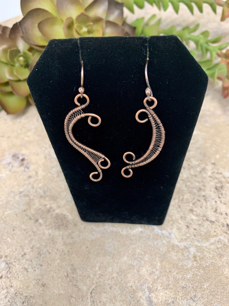Copper Mismatched Earrings, Asymmetrical Earrings, Copper Wire Weave Earrings image 1