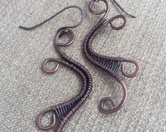 Long Dangle Wire Earrings - Wire Wrapped Earrings - Long Cooper Earrings - Bohemian Gypsy Dangle Earrings