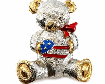Vintage Patriotic Teddy Bear Brooch, USA Flag Heart Pin, Rhinestone Enamel Bow Americana Jewelry