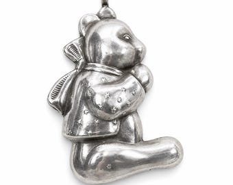 Vintage Sterling Silver Puffy Teddy Bear Ornament | Engraved Stars, Bow Detail, Holiday Decor