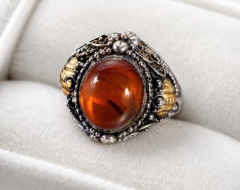 Vintage CognacAmber Ring, Sterling Silver 925, Floral Scrollwork, Mixed Metal Accents, Boho Statement Ring