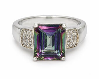 Vintage Sterling Silver Emerald Cut Mystic Topaz Statement Ring, Pavé Accents