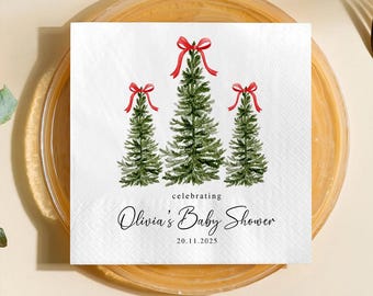 Custom Christmas Tree Napkins, Red Bow Holiday Party Decor
