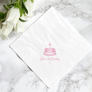 Personalized Pink Cake 1st Birthday Napkins, Custom Name Baby Decor