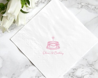 Gepersonaliseerde roze taart servetten voor de eerste verjaardag, babydecoratie met eigen naam