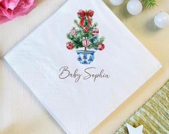 Custom Chinoiserie Christmas Tree Napkins, Holiday Decor
