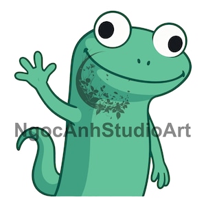 May include: A cartoon illustration of a friendly, light green lizard waving its hand. The lizard has large white eyes with black pupils and a curved tail. The text "NgocAnhStudioArt" is at the bottom.