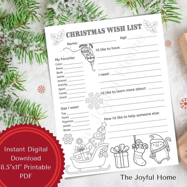 Christmas Wish List Coloring Page for Kids, Downloadable Letter Size 8.5”x11” PDF Activity Sheet, Holiday Gift Ideas for Friends & Family