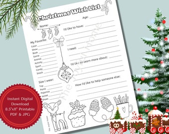 Christmas Wish List Coloring Page for Kids, Downloadable Letter Size 8.5”x11” PDF Activity Sheet, Holiday Gift Ideas for Friends & Family