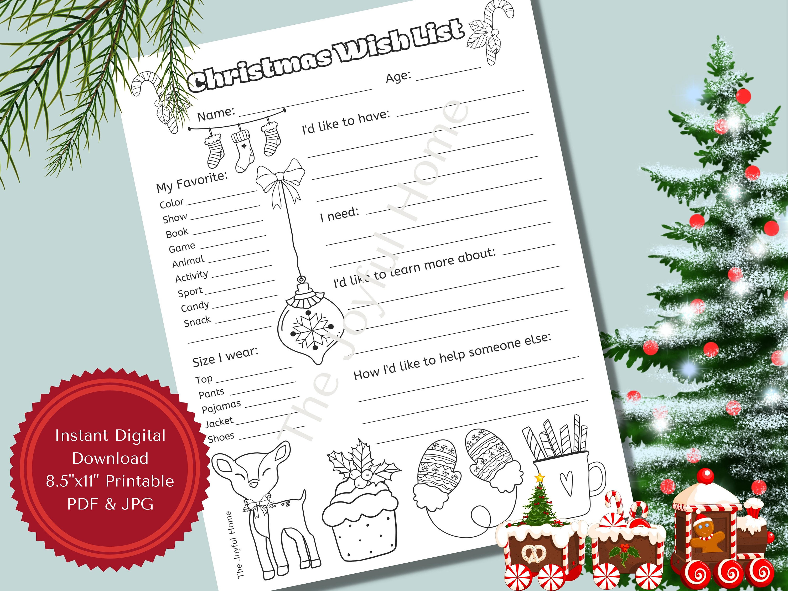 Christmas Wish List Coloring Page for Kids, Downloadable Letter Size 8