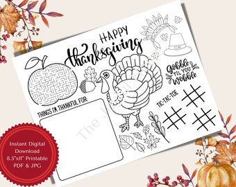 Thanksgiving Coloring Page for Kids, Downloadable Letter Size 8.5”x11” PDF, Activity Sheet with Games, Placemat for Table, Thankful