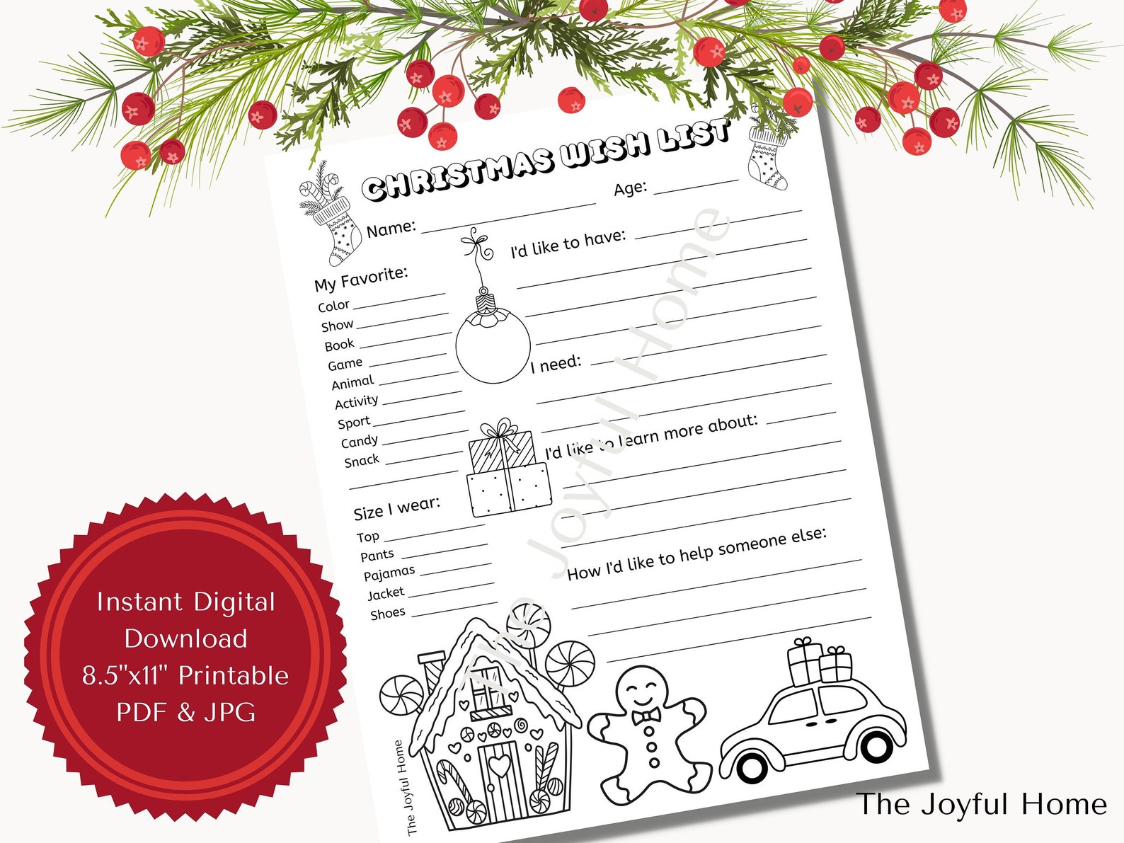 Christmas Wish List Coloring Page for Kids, Downloadable Letter Size 8