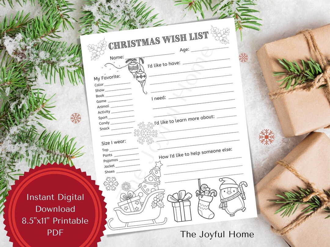 Christmas Wish List Coloring Page for Kids, Downloadable Letter Size 8 ...