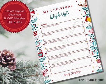 Christmas Wish List Printable for Kids, Instant Download Letter Size 8.5”x11” PDF Activity Sheet, Holiday Gift Ideas for Friends & Family