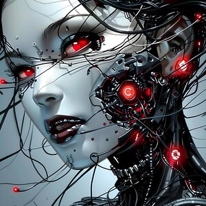 Peut inclure: Illustration numérique d'une femme cyborg à la peau pâle et aux yeux rouges. Son visage est partiellement augmenté de composants métalliques et de fils. L'image a un thème futuriste de science-fiction, axé sur l'intégration de la technologie et de la forme humaine.