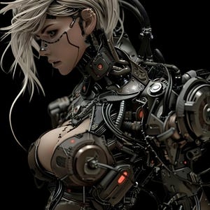 May include: A detailed image of a cyborg with pale skin and white hair. The figure is enhanced with complex mechanical parts, wires, and red glowing elements. The overall design is dark and intricate, set against a black backdrop.