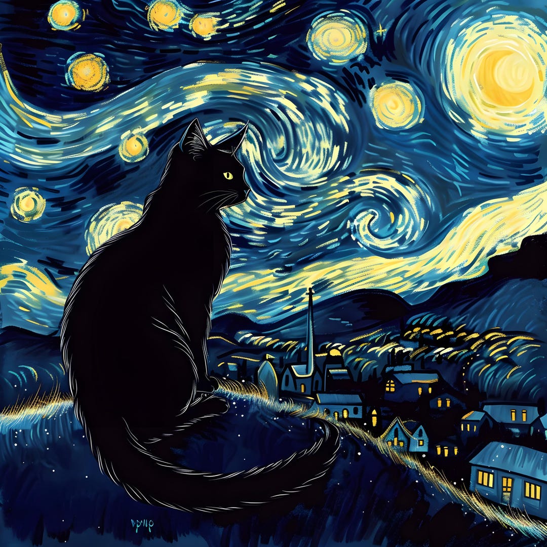 Black Cat Under Starry Night Sky | Van Gogh Style Digital Art ...