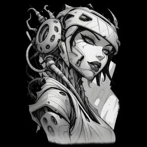 May include: Black and white illustration of a woman with cybernetic enhancements. She wears a helmet and has mechanical components attached to her head and body. The artwork has a futuristic, sci-fi theme, with detailed linework and shading.
