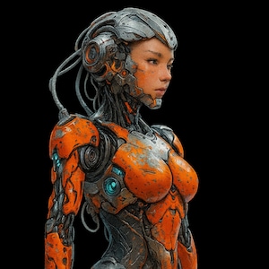 May include: A futuristic cyborg with a metallic headpiece and orange and gray armor. The cyborg has a human face and is set against a black background. The armor has intricate mechanical details and glowing blue accents.