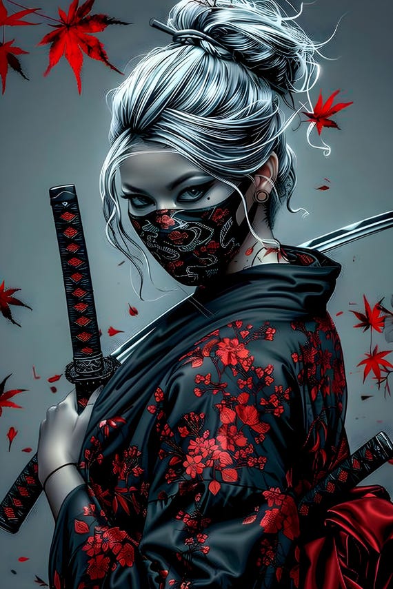 Set of 4 Female Samurai Warrior Portraits – Digital Art PNG (1365