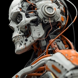 以下が含まれることがあります： 有機的要素と機械的要素を組み合わせた、ロボットスカルの詳細な側面図。スカルは白を基調とし、オレンジ色のアクセントと複雑な配線が施され、黒い背景に配置されています。デザインは、未来的なまたはサイバーパンクなテーマを示唆しています。