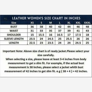 May include: A size chart for leather jackets, with measurements in inches. The chart includes bust, waist, shoulder, sleeve length, and length for sizes XS to XXXL. Important note: select your size carefully.