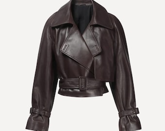 Women’s Genuine Sheepskin Leather Jacket, Cropped Belted Biker Coat, Gift for Her