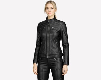 Genuine Lambskin Leather Biker Jacket, Diamond Quilted Shoulders, Slim Fit Cafe Racer Style