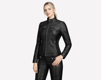 Women’s Black Leather Moto Jacket, Genuine Soft Sheepskin Leather, Quilted Shoulder, Slim Fit